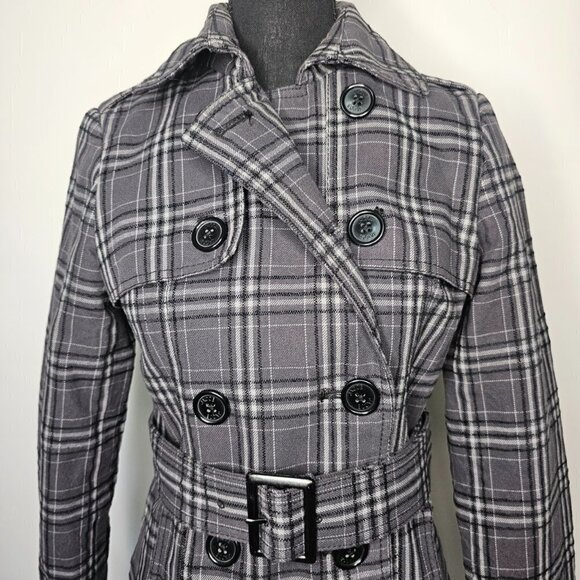Jacob Plaid Grey Buttoned Double Breasted Belted Trench Coat,  XS - Picture 8 of 16